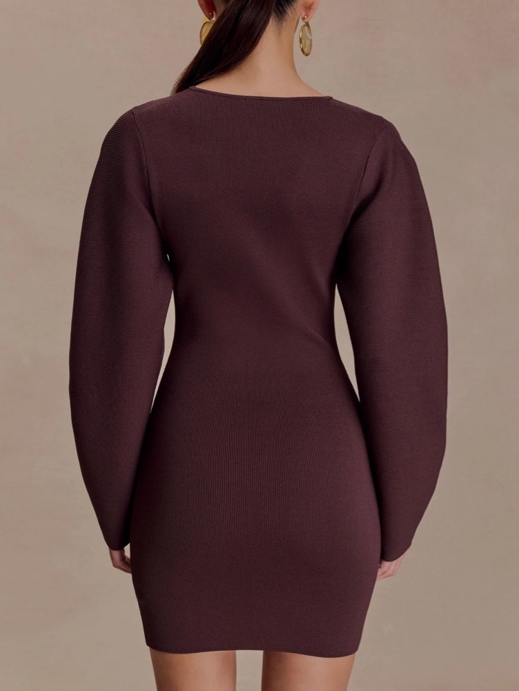 Burgundy Ribbed Knit Plunge Mini Dress