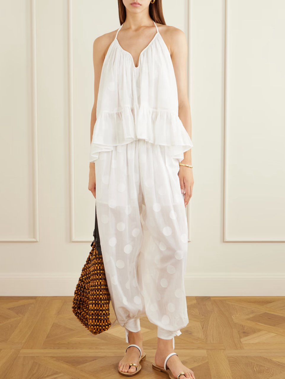 White Polka Dot Halter Top and Pants Set