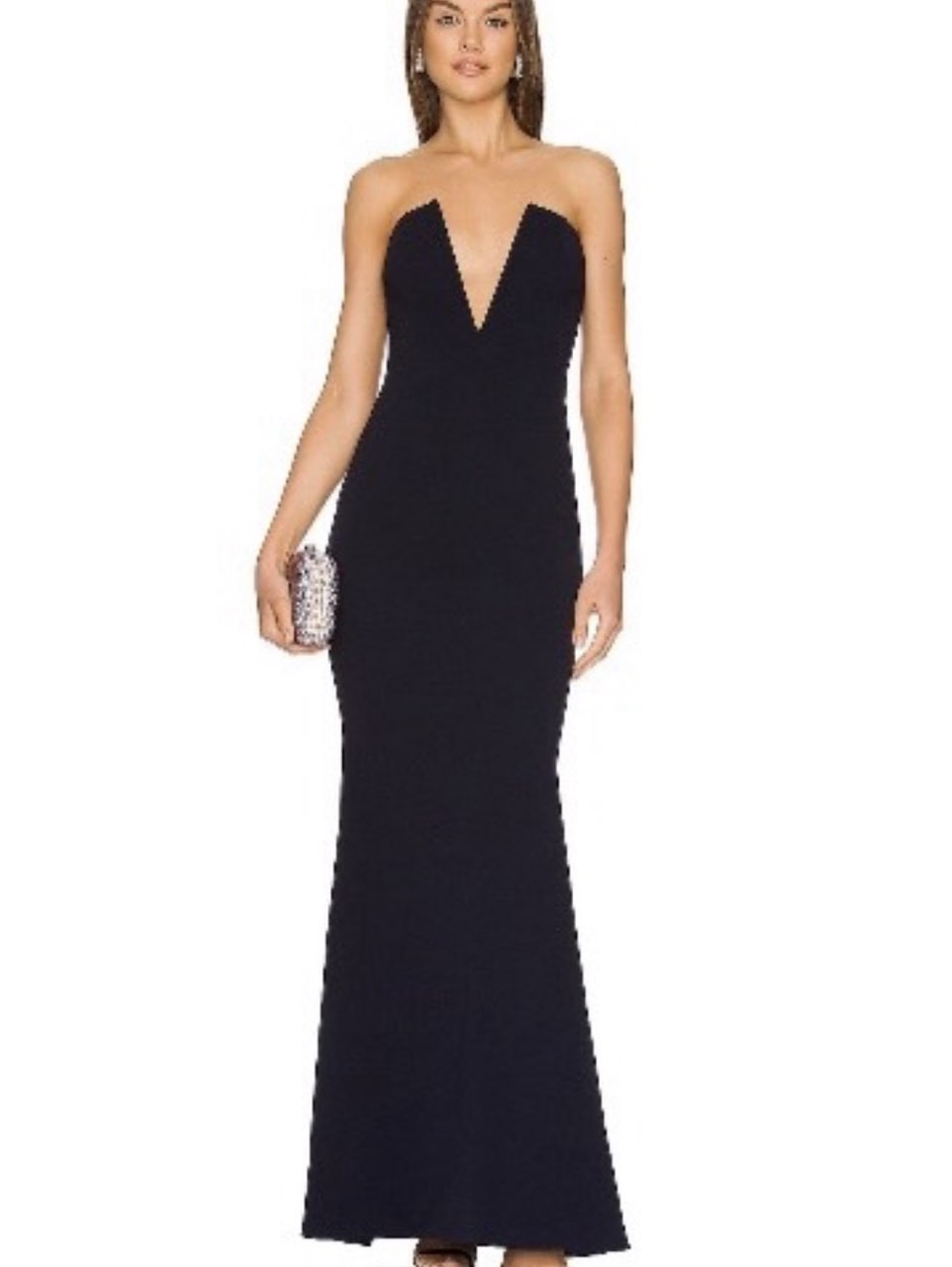 Navy Deep V Strapless Gown