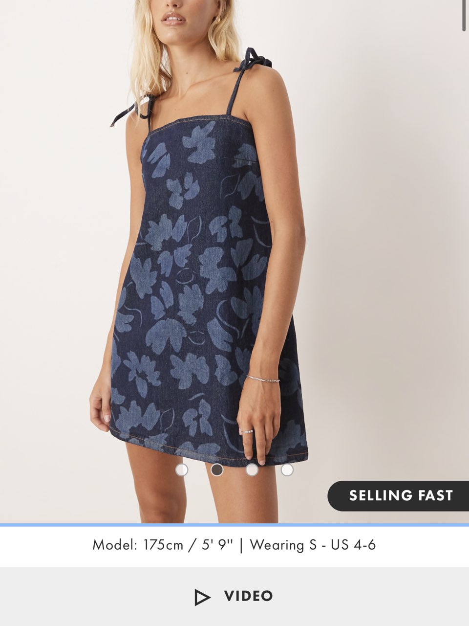 ASOS denim cami mini dress with tie straps in floral laser indigo