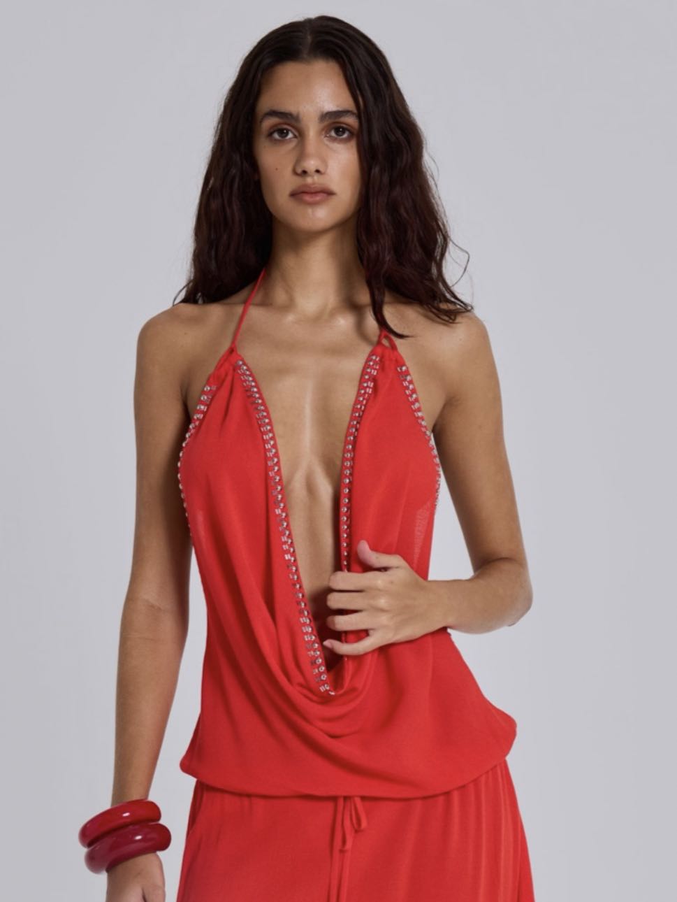 Red Beaded Halter Dress