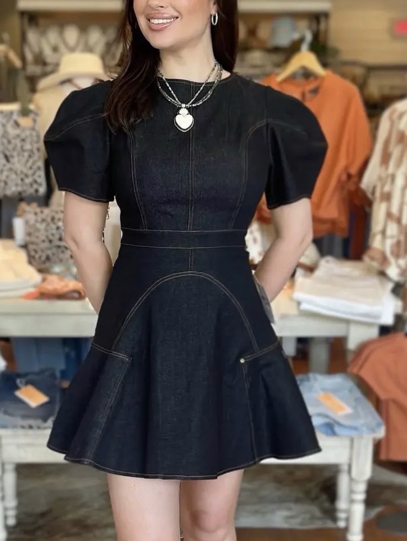 Dark Wash Denim Puff Sleeve Mini Dress