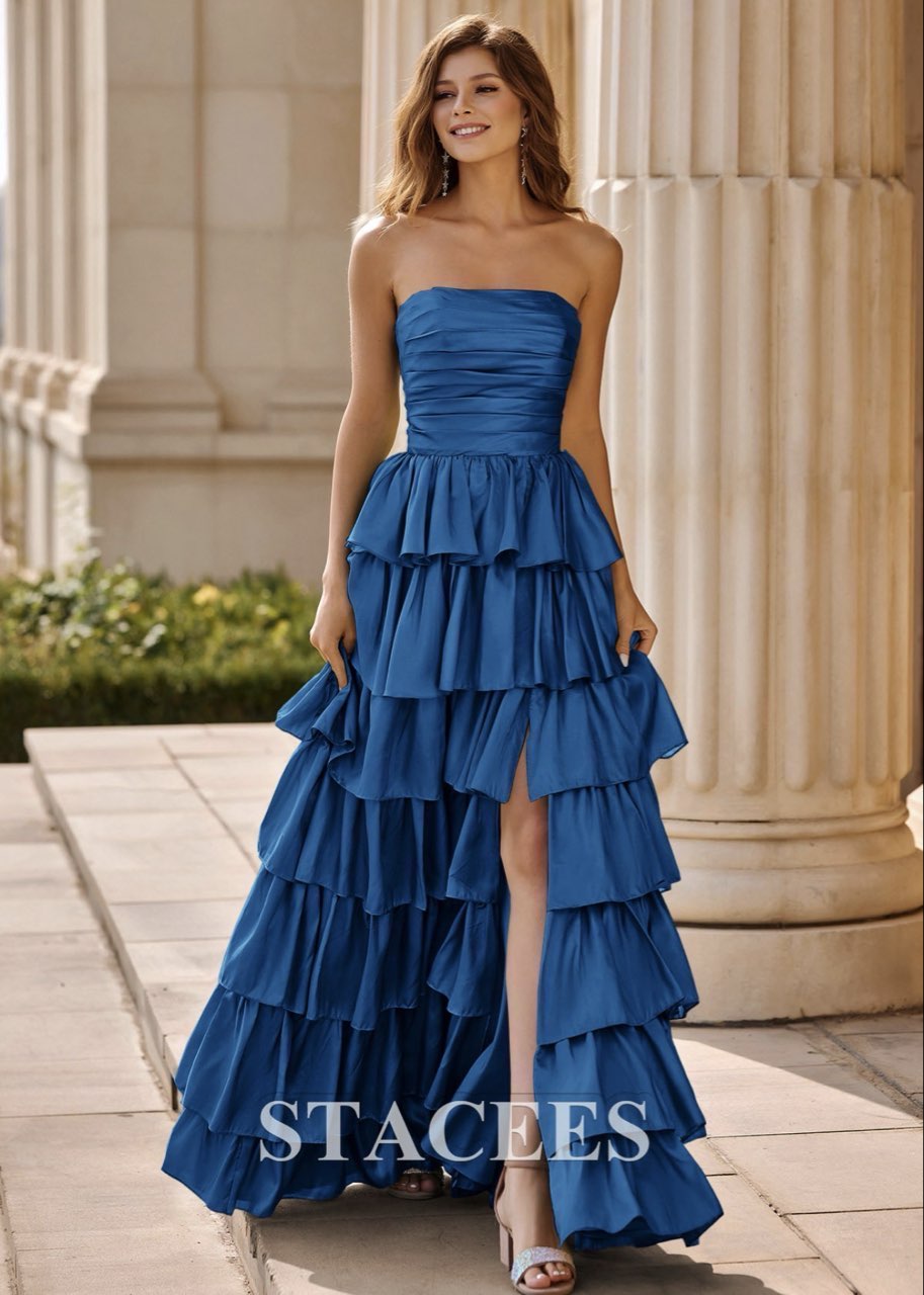 A-line Square Neckline Strapless Floor-Length Taffeta Dress with Ruffles Slit