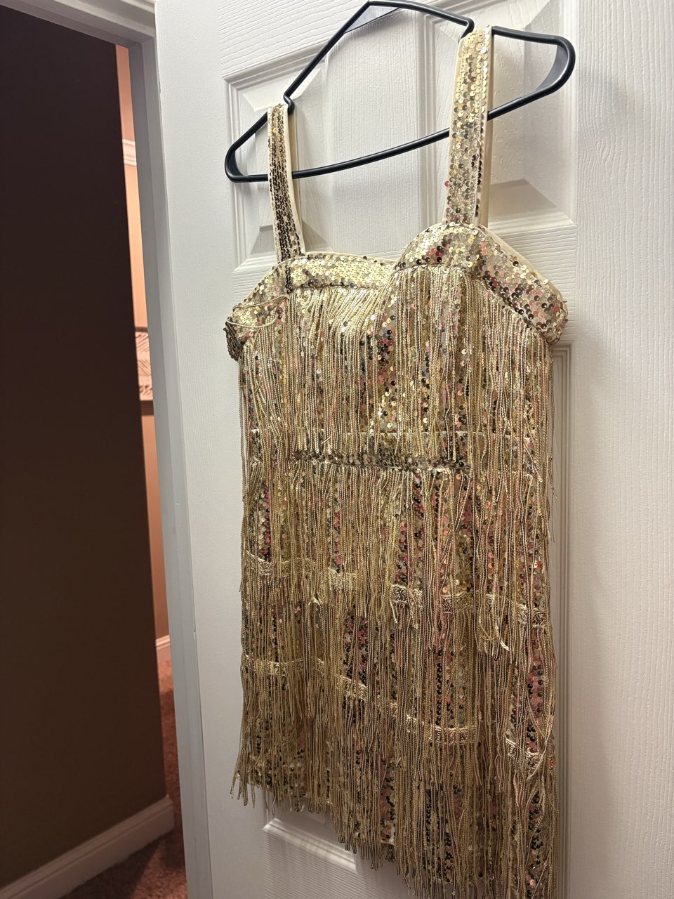 gold sequin, fringe, mini dress