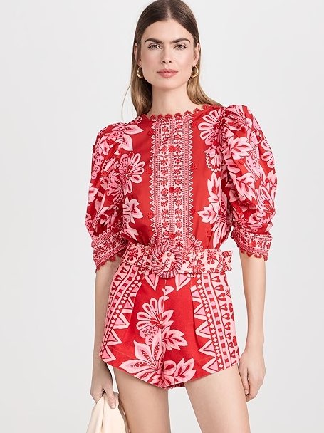 Farm Rio Red & Pink Floral Puff Sleeve Top & Shorts Set
