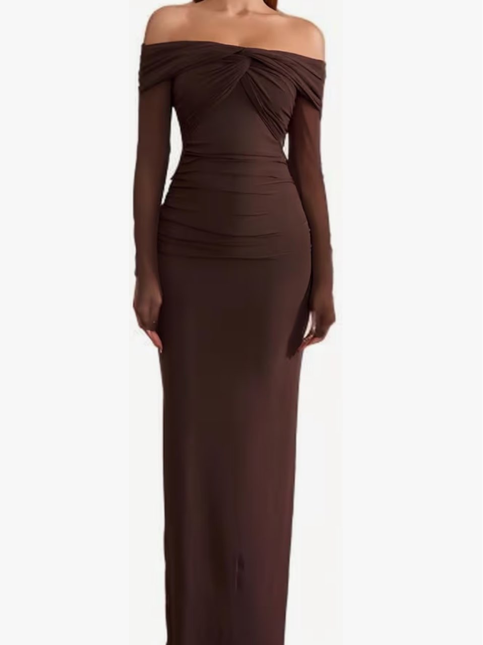 Brown Off-Shoulder Ruched Maxi Dress