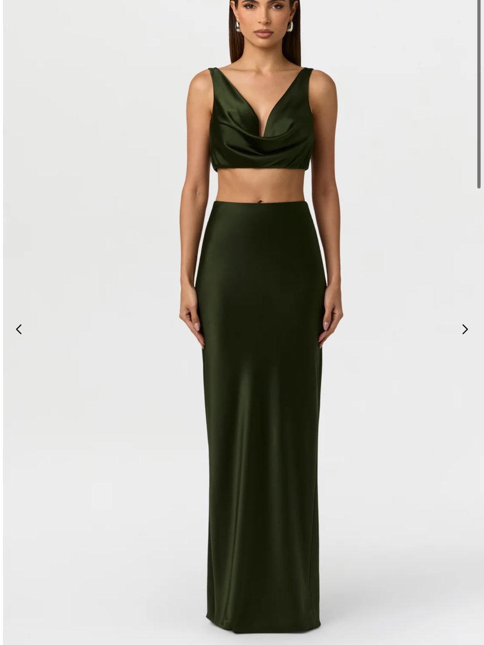 Olive Green Satin Cowl Neck Crop Top & Maxi Skirt Set