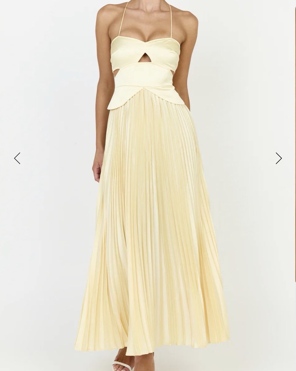 Pale Yellow Pleated Cutout Halter Maxi Dress