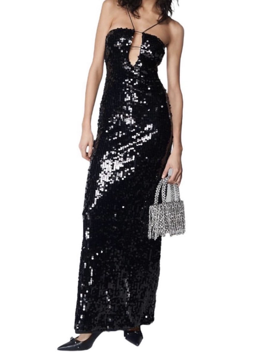 Black Sequin Halter Keyhole Gown