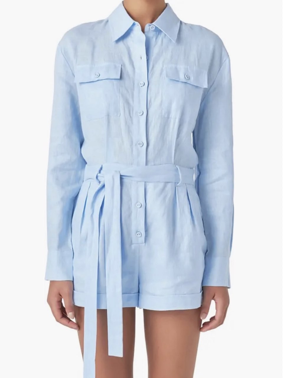 Pale Blue Linen Belted Romper