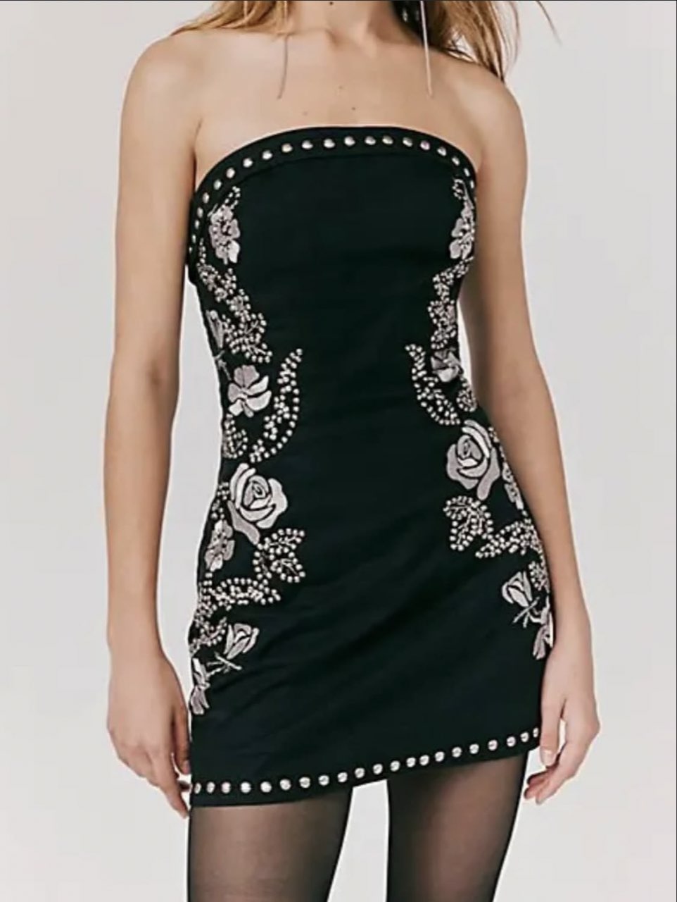 Embroidered Studded Strapless Mini Dress