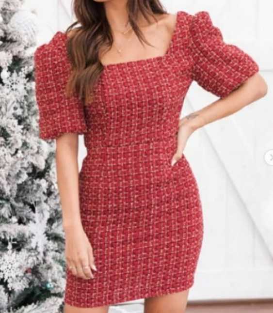 Red Tweed Puff Sleeve Mini Dress