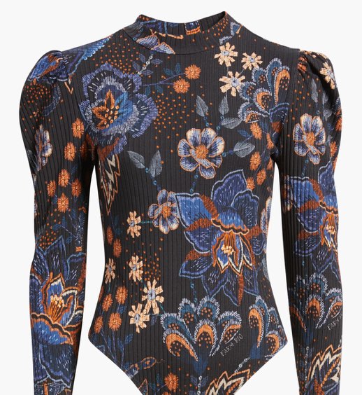 Farm Rio Floral Ribbed Puff-Sleeve Bodysuit