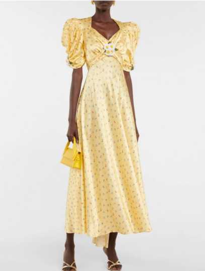 Yellow Floral Puff Sleeve Midi Dress with Daisy Detail