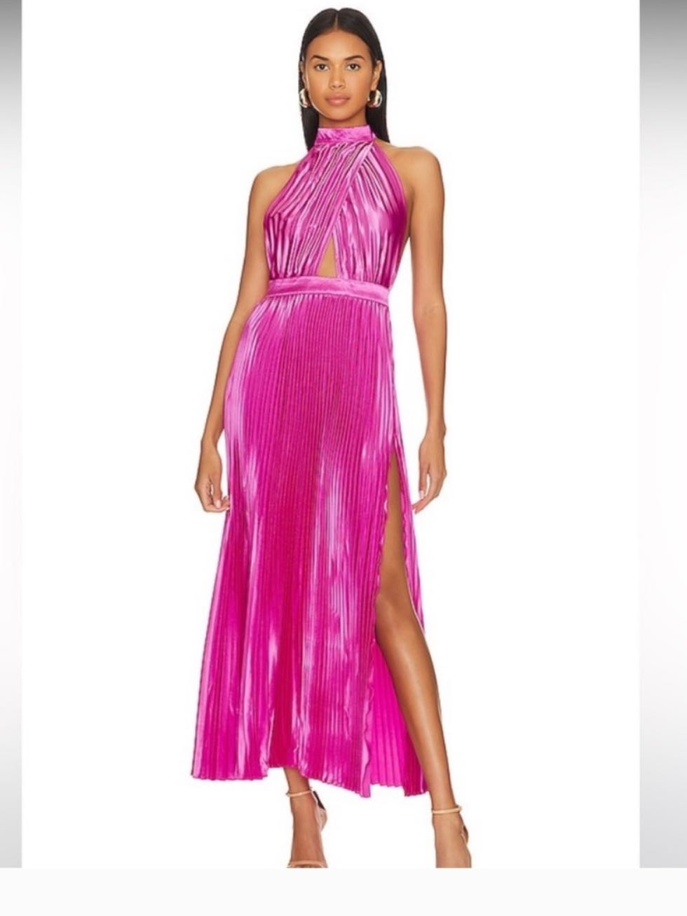 Pink Pleated Halter Midi Dress