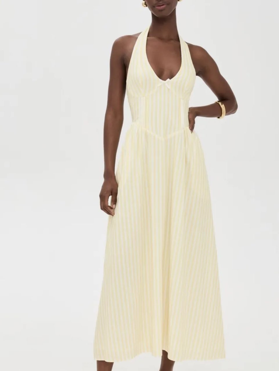 Yellow and White Striped Halter Midi Dress