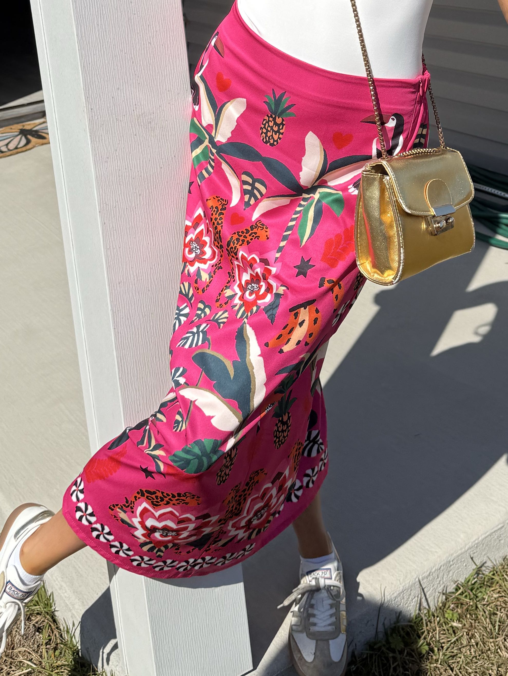 Pink Tropical Print Maxi Skirt