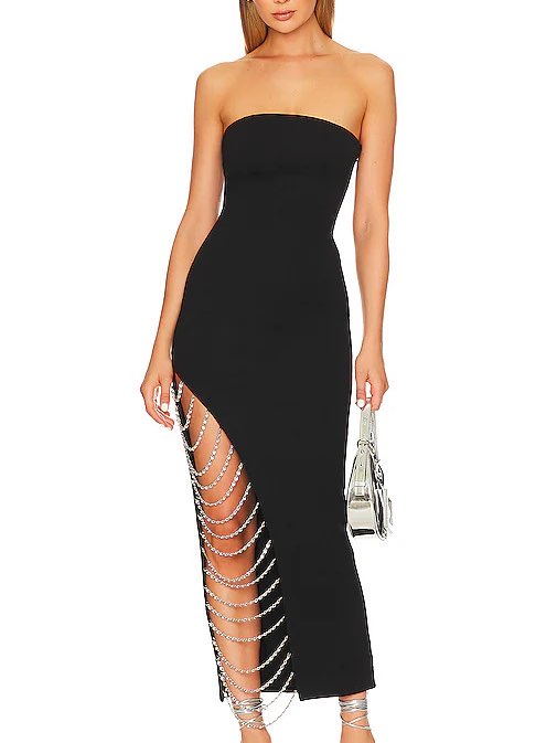 NBD Dana Strapless Black Maxi Dress with Chain Detail