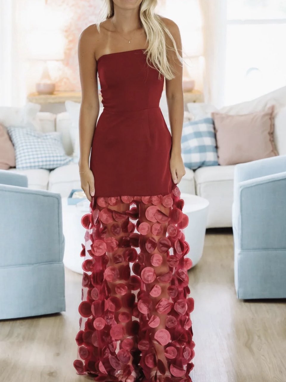 Maroon Strapless Applique Gown