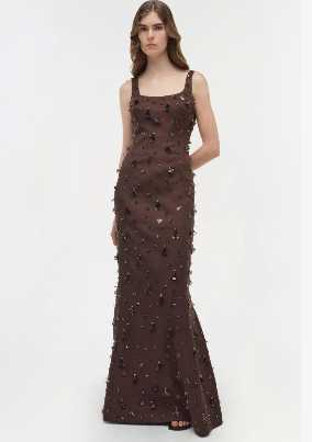 Embellished Brown Square-Neck Gown