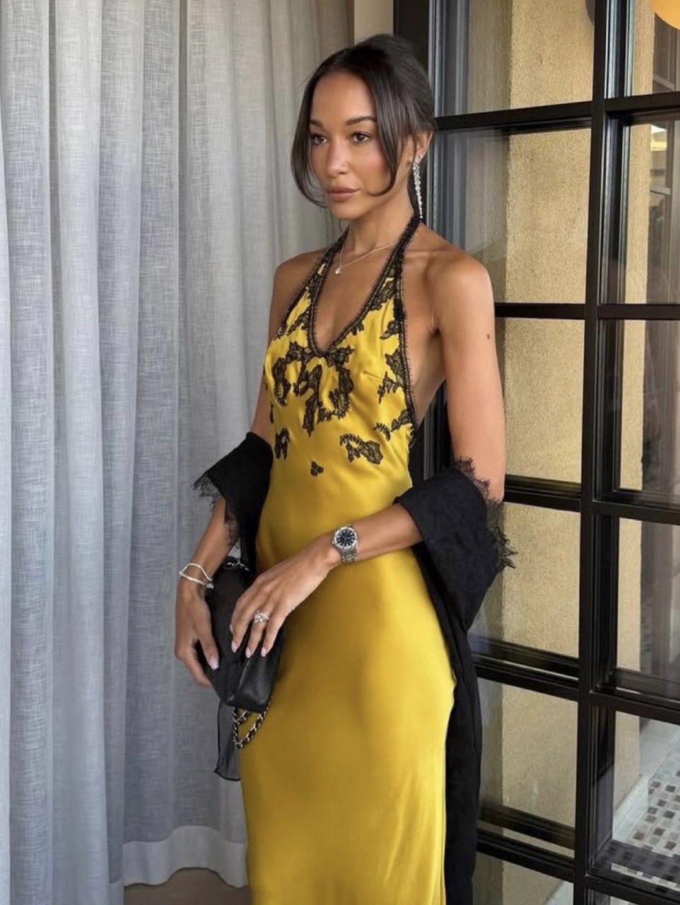 Mustard Yellow Halter Maxi Dress with Black Lace