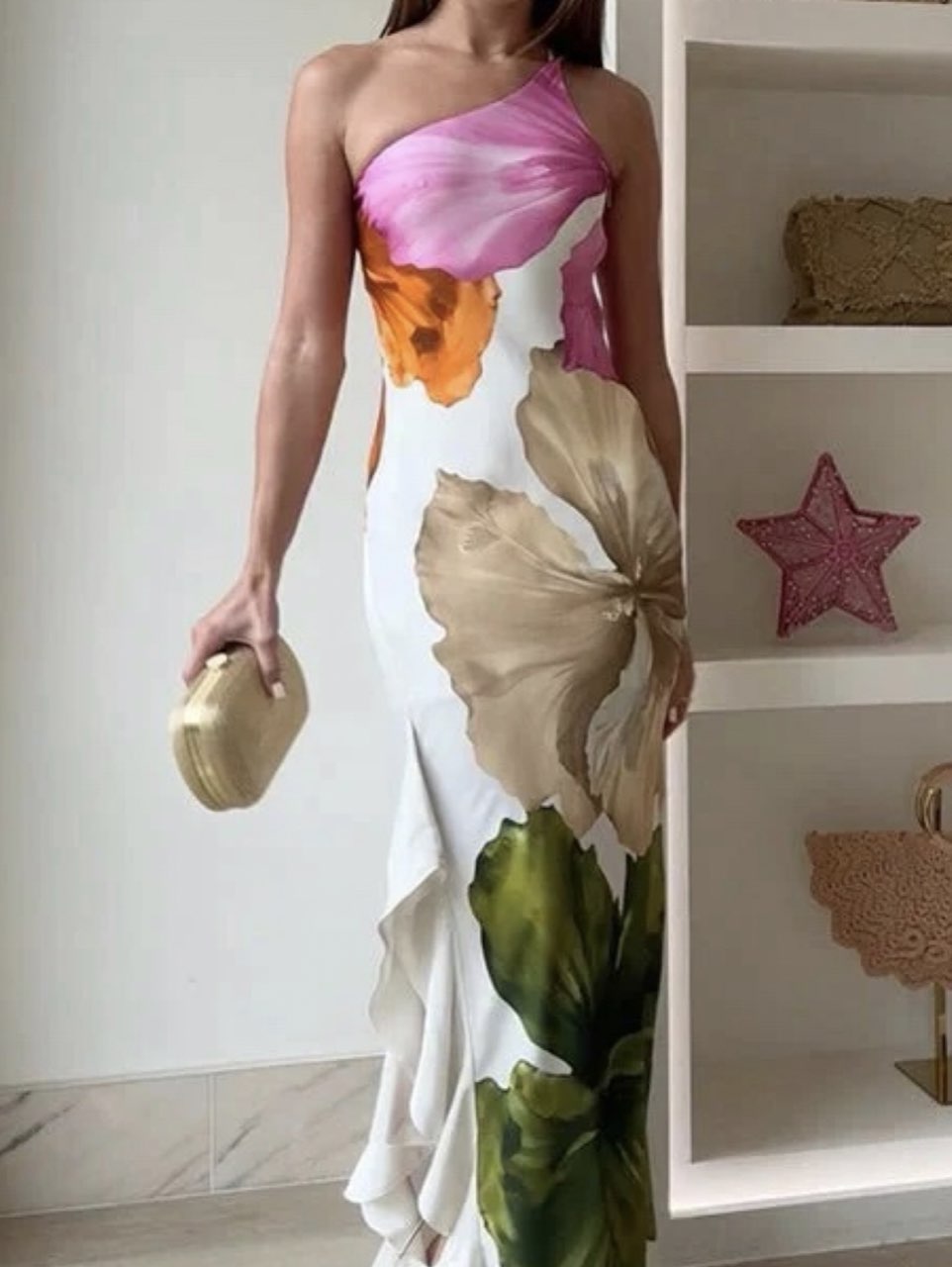 Floral One-Shoulder Ruffle Maxi Dress
