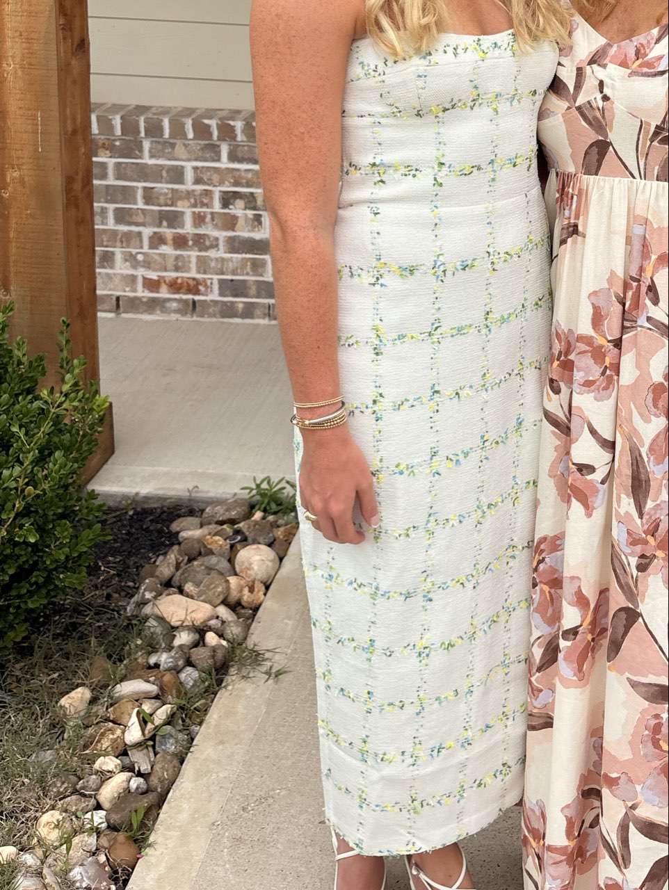 White Floral Tweed Strapless Midi Dress