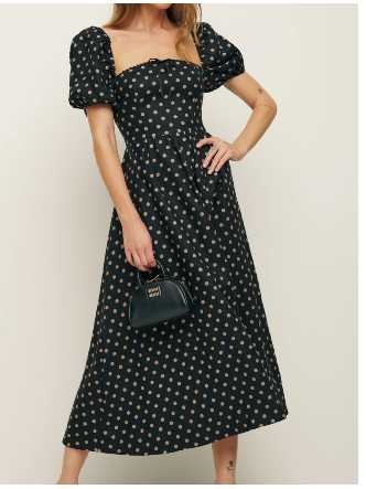 Black Polka Dot Puff Sleeve Midi Dress