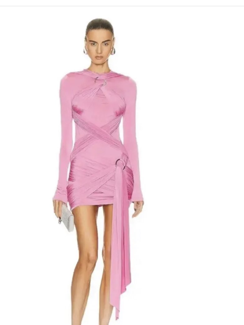 Pink Draped Long Sleeve Mini Dress