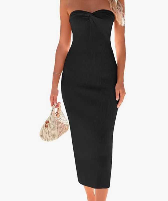 Black Ribbed Strapless Midi Dress