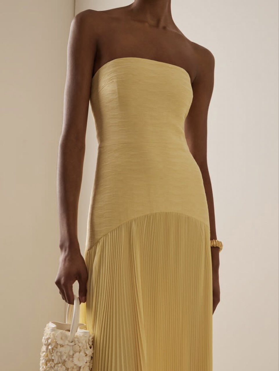 Pale Yellow Pleated Strapless Maxi Dress