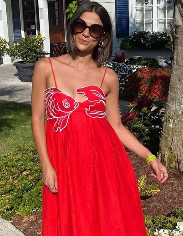 Red Fish & Lobster Appliqué Midi Dress