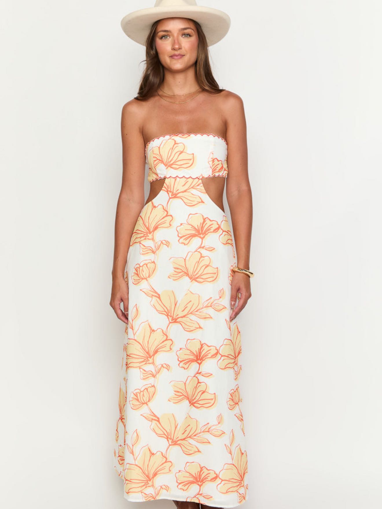 Coen Orange Floral Strapless Maxi Dress- Beginning Boutique