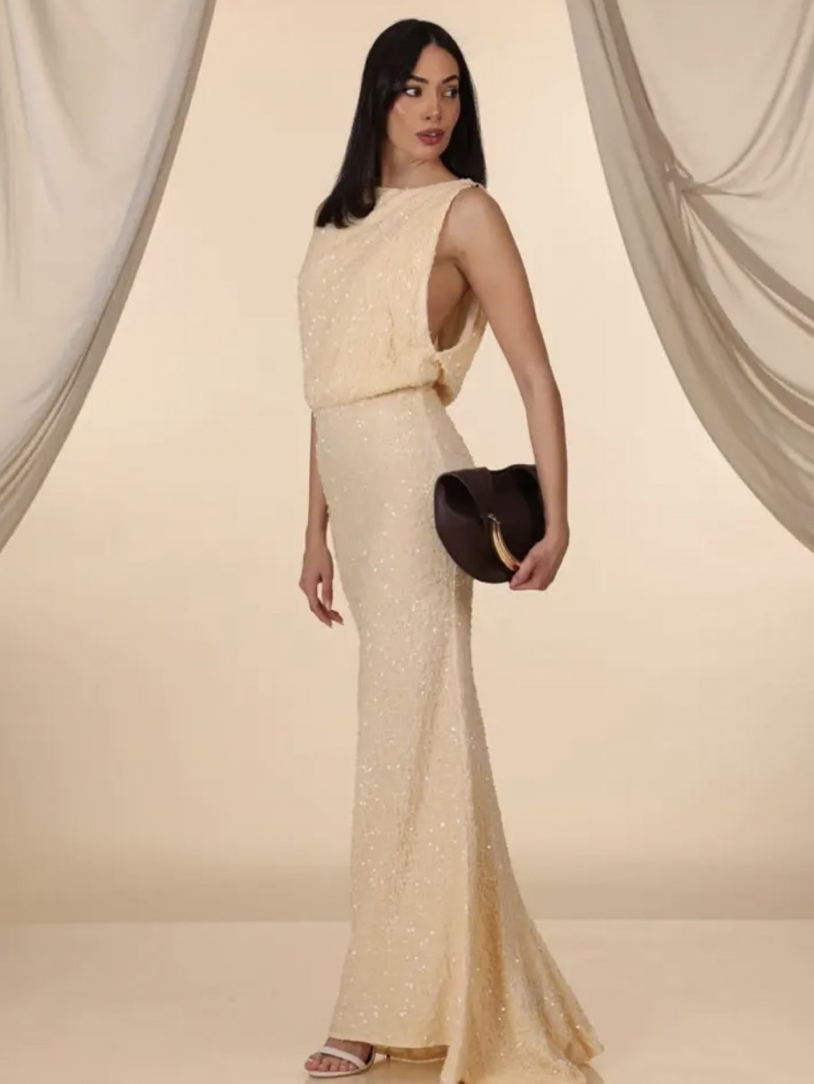Cream Sequin Maxi Dress