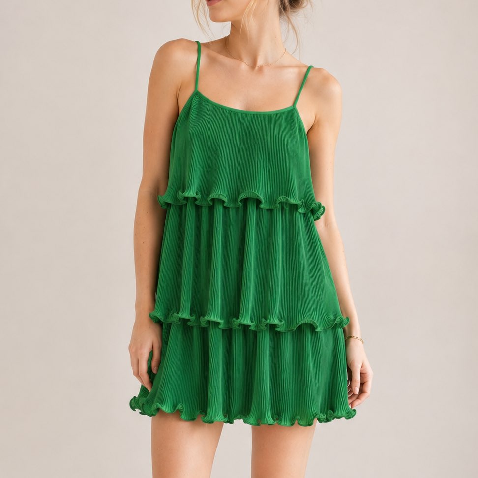 BETTER BE Green Pleated Tiered Dress