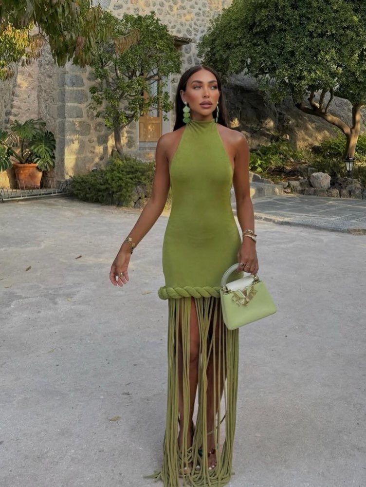Olive Green Halter Fringe Maxi Dress