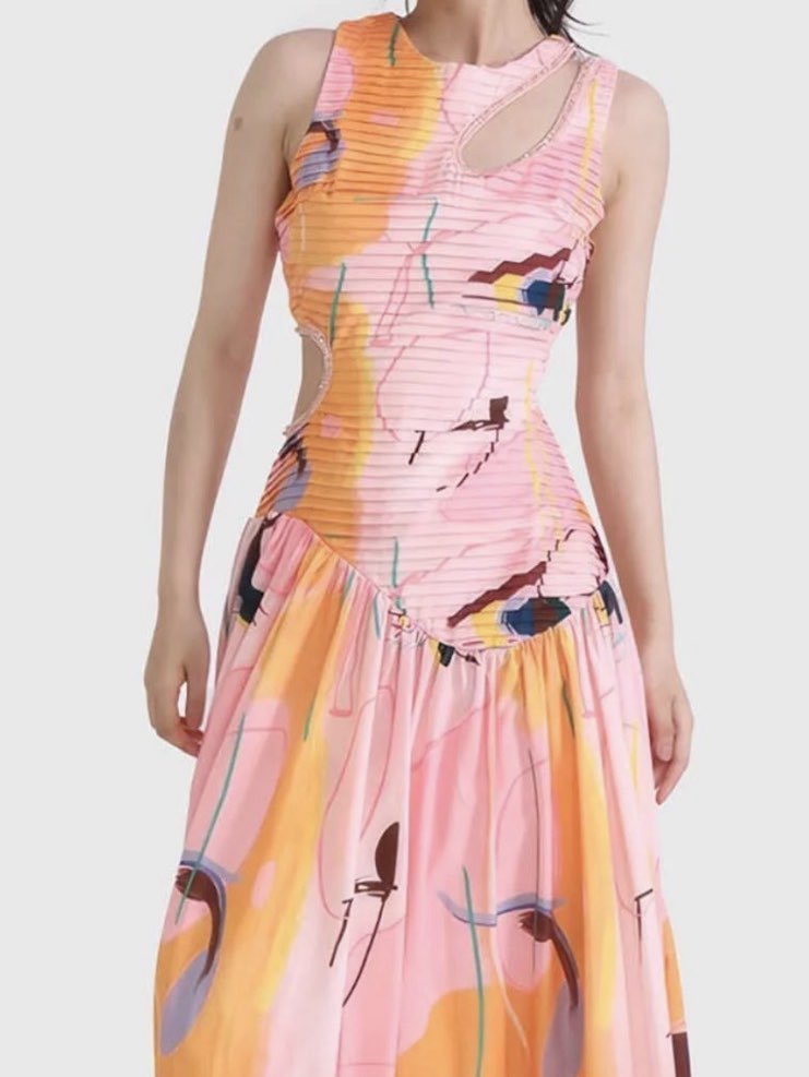 Abstract Print Cutout Midi Dress