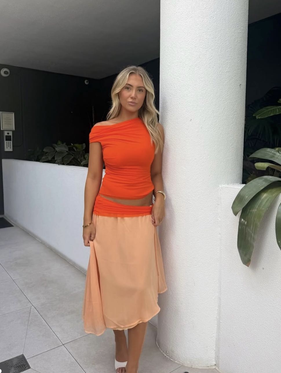 Orange Ruched Crop Top and Peach Maxi Skirt Set