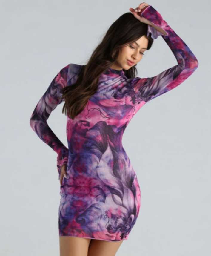 Pink and Purple Abstract Mesh Mini Dress
