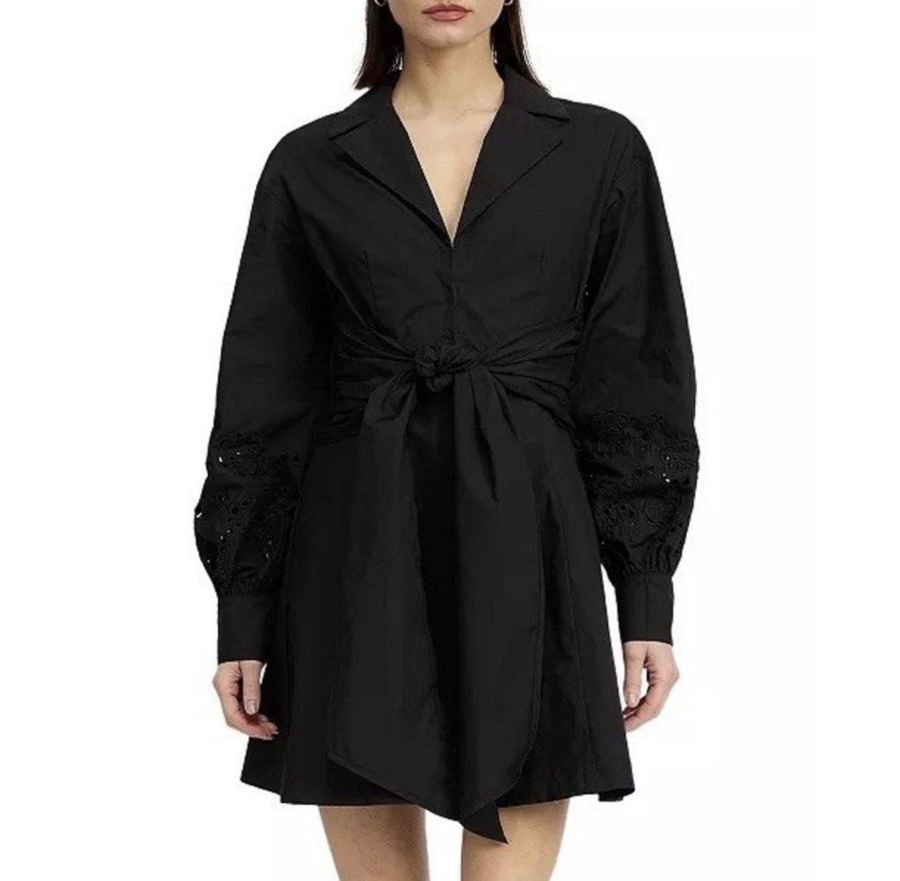 Black Tie-Waist Collared Mini Dress with Eyelet Sleeves