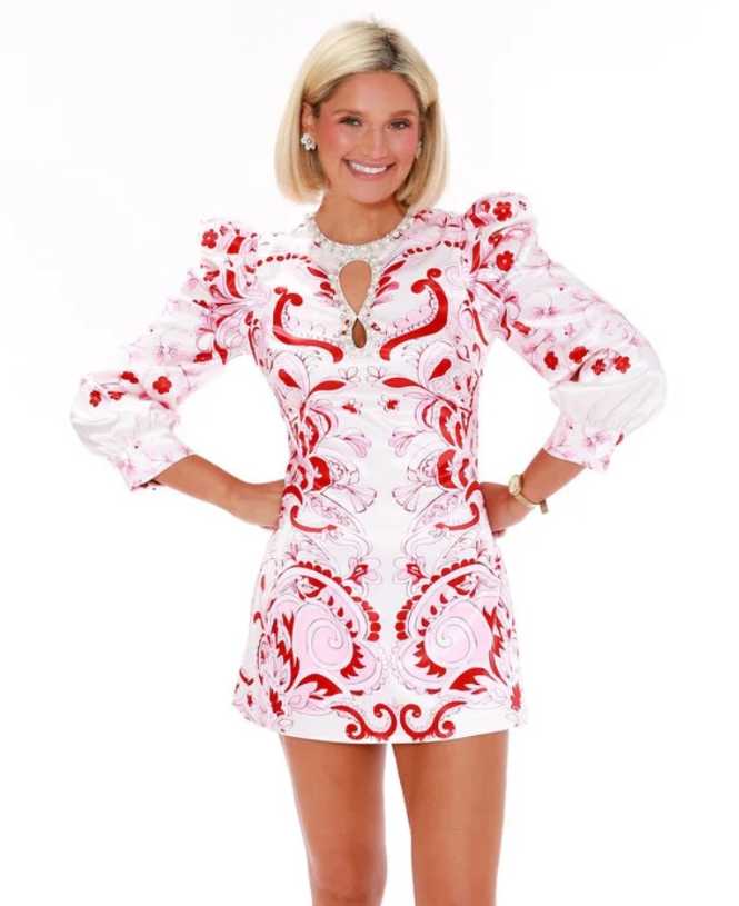 White and Red Ornate Puff Sleeve Mini Dress