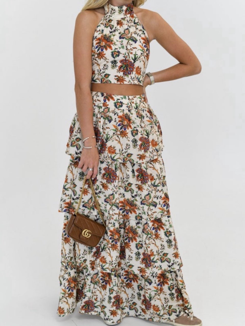 Floral Halter Crop Top and Tiered Maxi Skirt Set