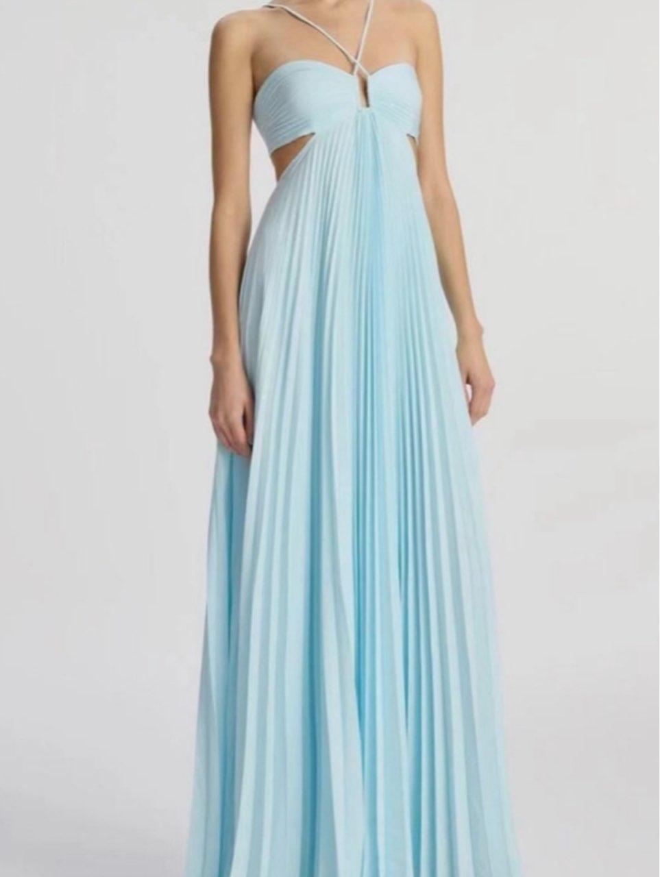 Light Blue Pleated Halter Maxi Dress