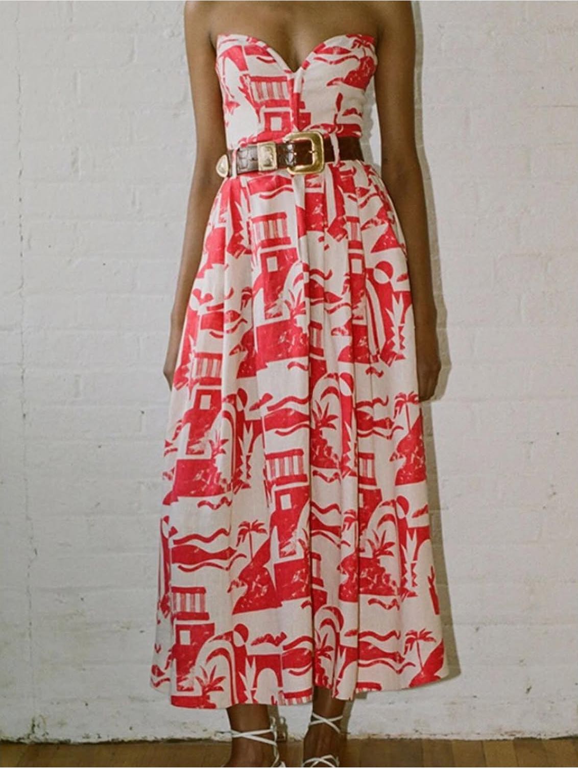 Linen Red and Cream Abstract Strapless Crop Skirt Set