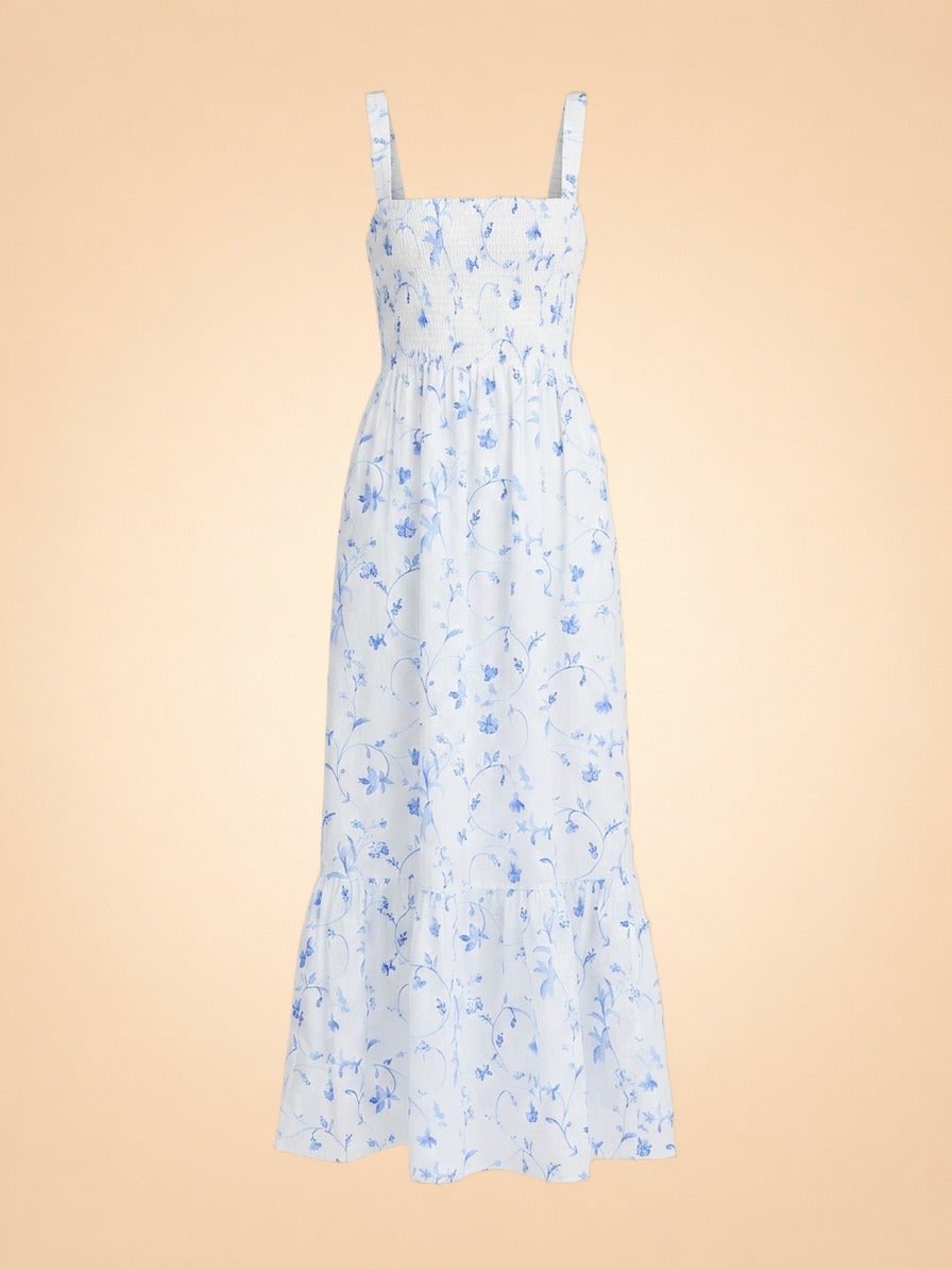 White and Blue Floral Smocked Maxi Dress