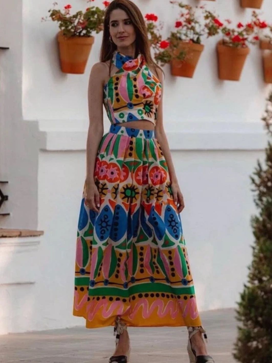 Colorful Crossover Halter Top and Maxi Skirt