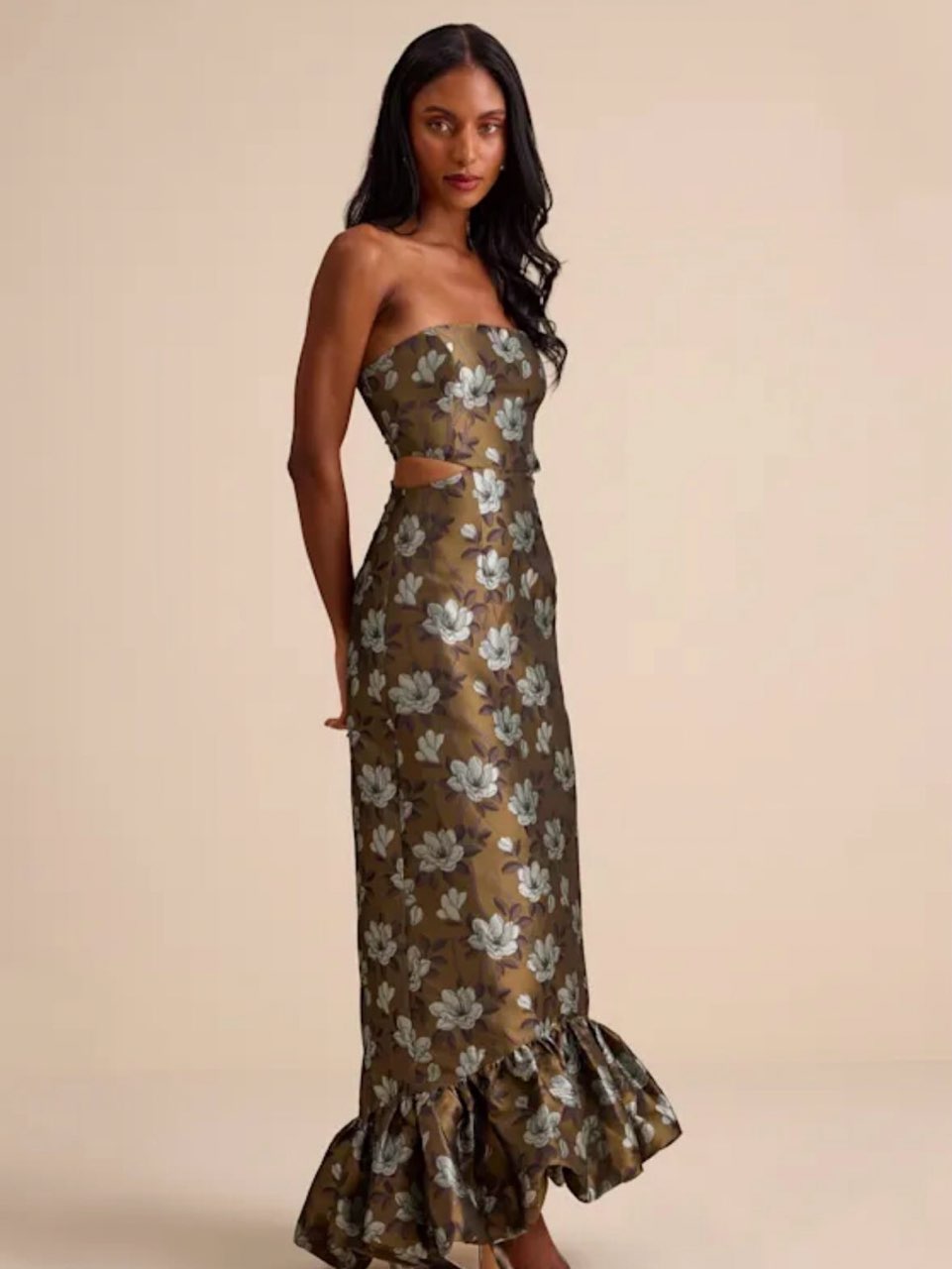 Olive Green Floral Strapless Maxi Dress