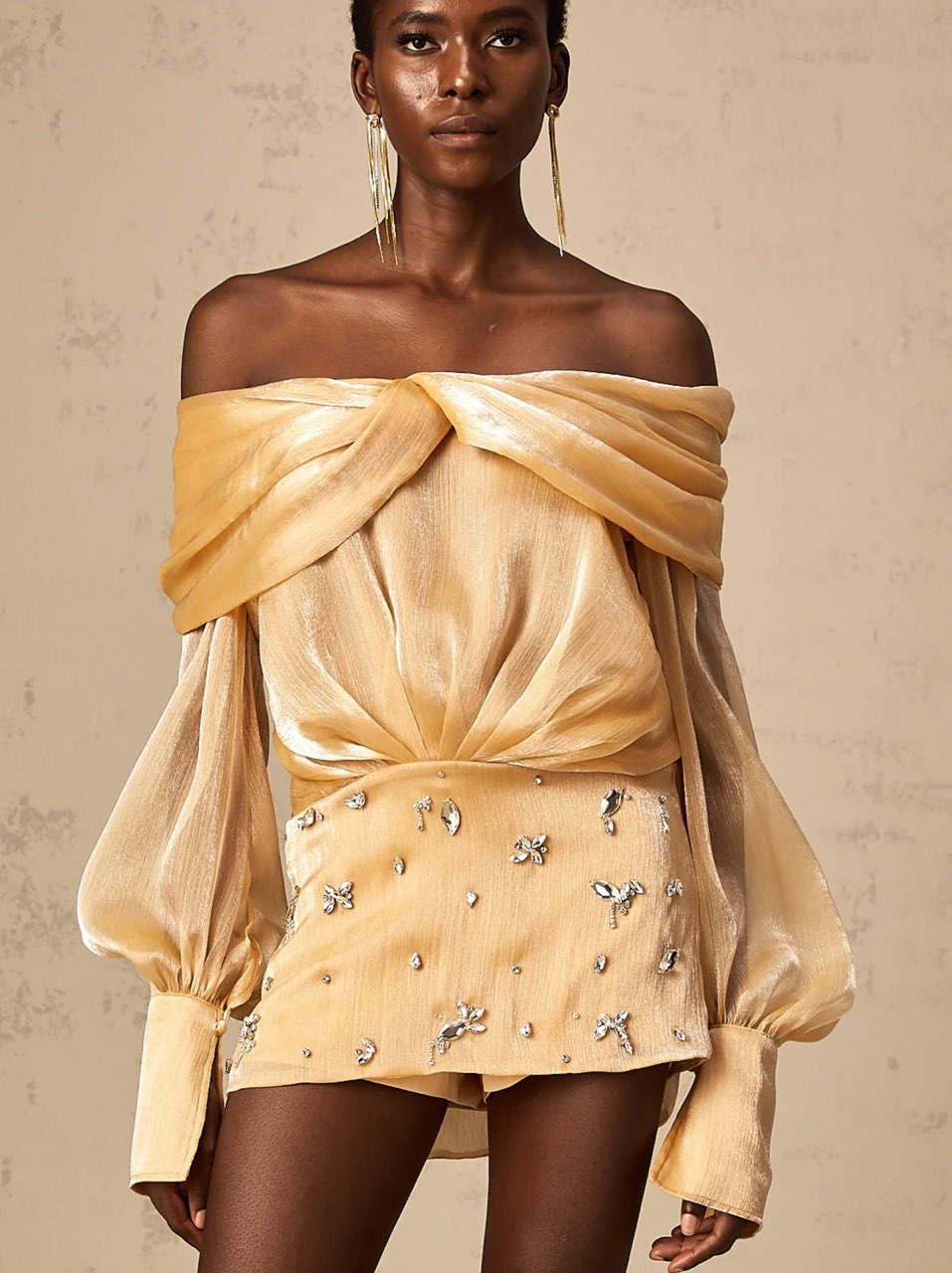 Gold Embellished Off-Shoulder Mini Dress - Adelina Gold Crystal-Embellished Paneled Mini Dress