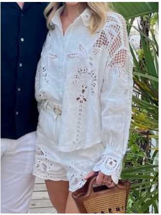 White Laser-Cut Linen Shirt & Scalloped Shorts Set