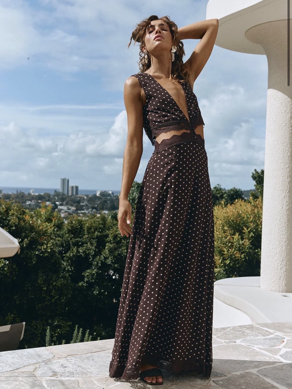 Dark Brown Polka Dot Cut-Out Maxi Dress